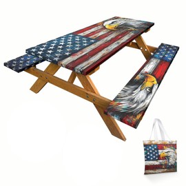 American Flag Picnic Table Cover with Bench Covers and Carrying Bag, Wood Grain USA Flag Art Eagle Outdoor Camping Essentials 6FT 4PCS Fitted Rectangle RV Must Haves Tablecloth