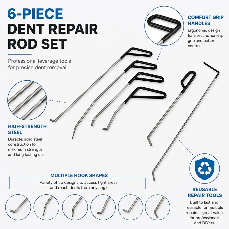 6-Piece Paintless Dent Repair Tool Set for Cars – Steel