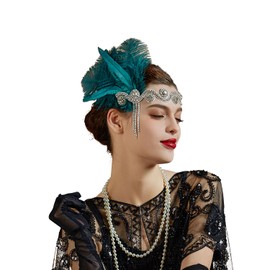 Flapper Headband for Women Vintage 1920s Pearls Feather Lace Headpiece for Roaring Gatsby Party Masquerade（Green）
