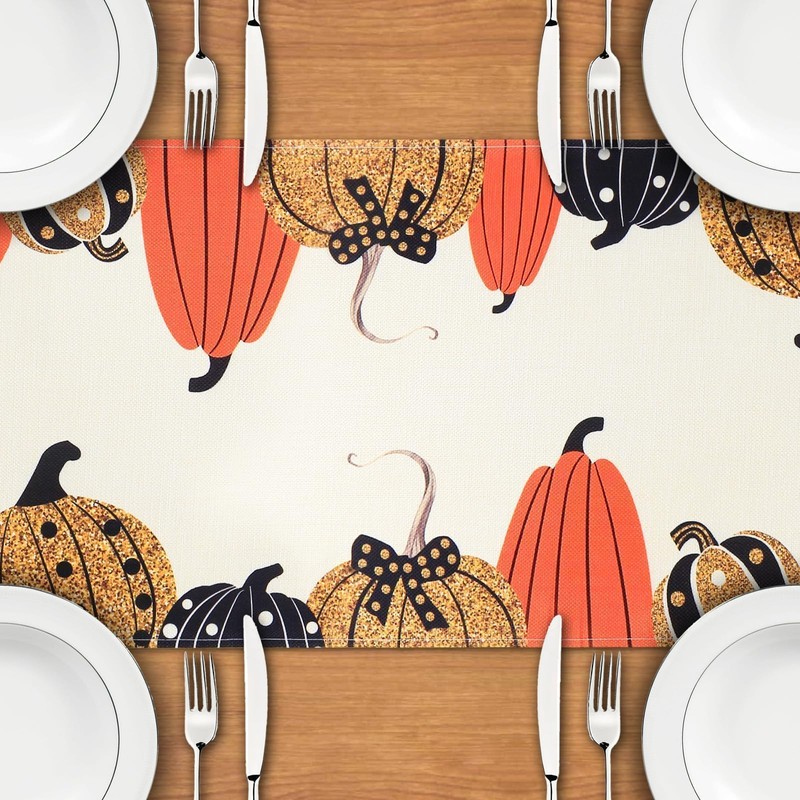 Aitsite Autumn Table Runner, Black Gold Table Runner, Pumpkin Autumn
