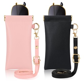 Hifot 2Pcs Leather Glasses Case Soft, Portable Squeeze Top Soft Sunglasses Case Glasses Pouch with Hook and Lanyard, Spectacle Cases Soft Leather Sunglasses Bag Pouch Slim Glasses Case for Women Girl