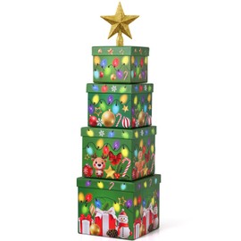 Cinnvoice 4 Pcs Christmas Nesting Gift Boxes with Christmas Star Tree Topper Hard Xmas Stackable with Lids Nested Present Boxes for New Year Birthday Party Gift Decor Supplies