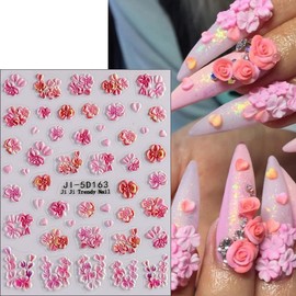 Flower Nail Art Stickers Decals 5D Embossed Pink Flowers Nail Decals 2PCS Spring Fresh Pink Yellow Floral Design Acrylic Engraved Flower Stickers for Nails Women Summer DIY Manicure Nail Decorations