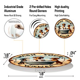 Yiruhe Funny Dachshund Bathing Aluminium Decorative Painting Round 8x8 inch vintage metal wall hanging for pet lovers home, bathroom or pet shop wall decor (2483)