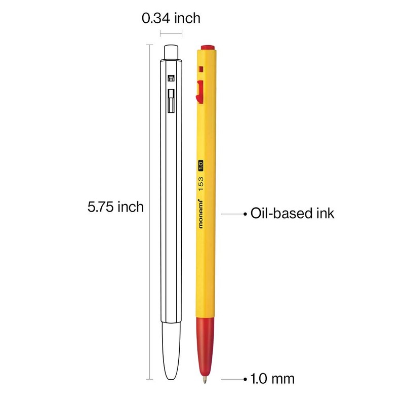 MONAMI BP 153 Retractable Ballpoint Pen, Medium Point (1.0mm), Red,