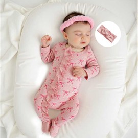 mlpeerw Newborn Baby Girl Outfits Bow/Plaid Print Footed Jumpsuit Ruffle Zipper Romper Cute Fall Baby Coming Home Outfit (Bow Pink, 3-6 Months)