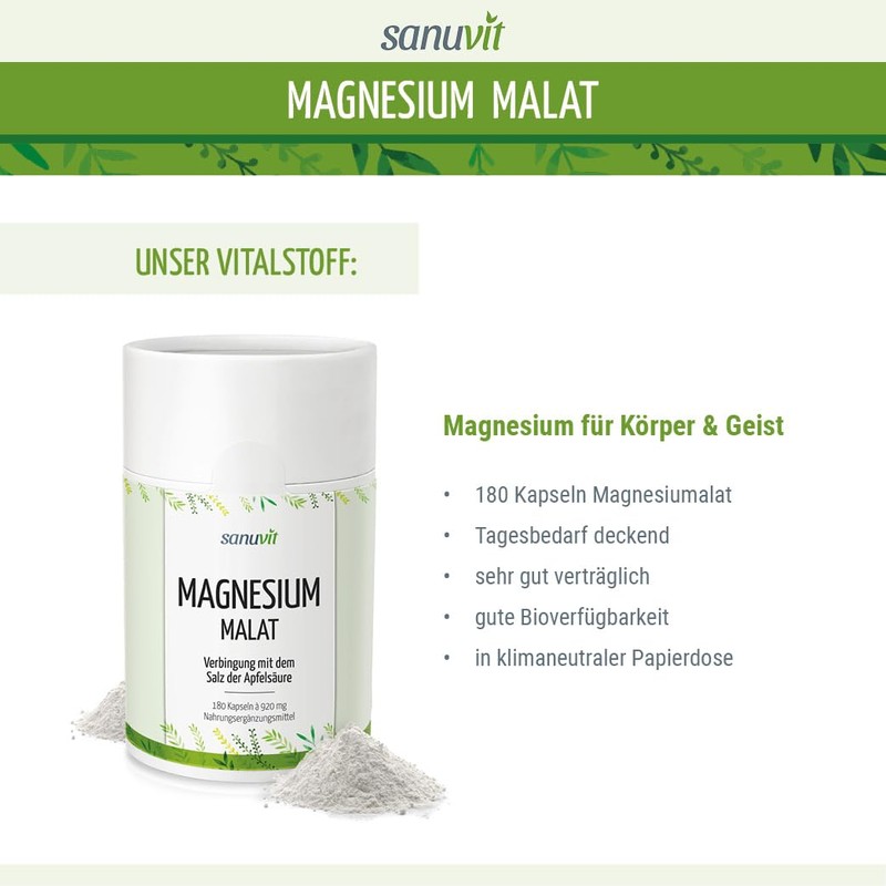 Sanuvit® - Magnesium malate 800 mg, 180 capsules, high bioavailability,