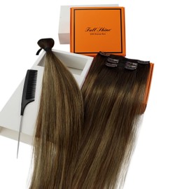 Full Shine Clip in Hair Extensions Human Hair Color 2/3/27 Balayage Ombre Darkest Brown Fading to Brown and Caramel Blonde Extensions Clip ins for Short Hair 12 Inch 7 Pieces