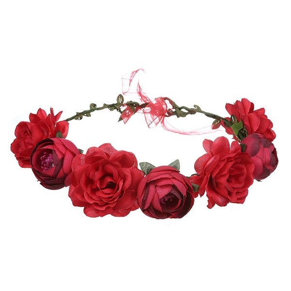 June Bloomy Women Rose Floral Crown Hair Wreath Leave Flower Headband with Adjustable Ribbon (Red)