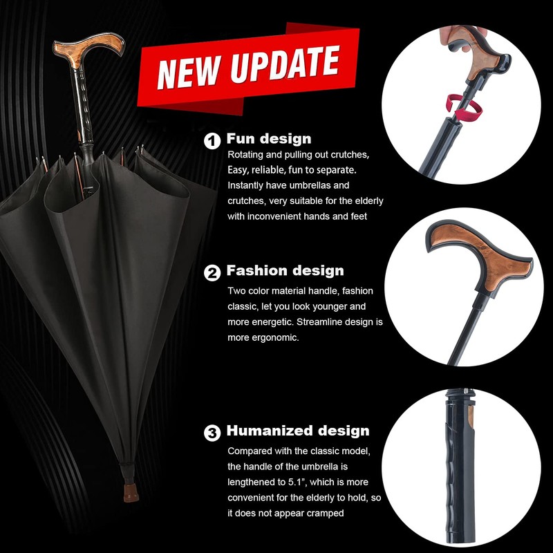 Auto Open Walking Stick Crutch Umbrella,2 in 1 Cane Umbrella,Heavy