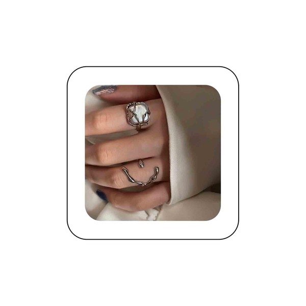 Dervivea Minimalist Silver Irregular Open Ring Baroque Pearl Rings Adjustable