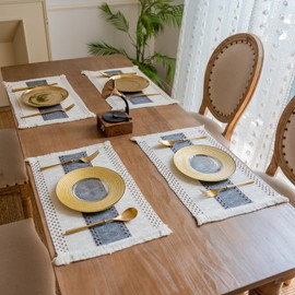 BIPASION Placemats Set of 4 - Natural Cotton Burlap Table Mats, Macrame Décor and Farmhouse Style Placemats for Dining Table Kitchen（Grey/Cream