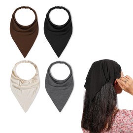 Kabwea 4 Pairs of Boho Women's Hair Bands, Triangle Headscarves, Chiffon Bandanas, Turban Hair Bands, Elastic Hair Scarf (Black, Dark Grey, Cream White, Dark Brown)