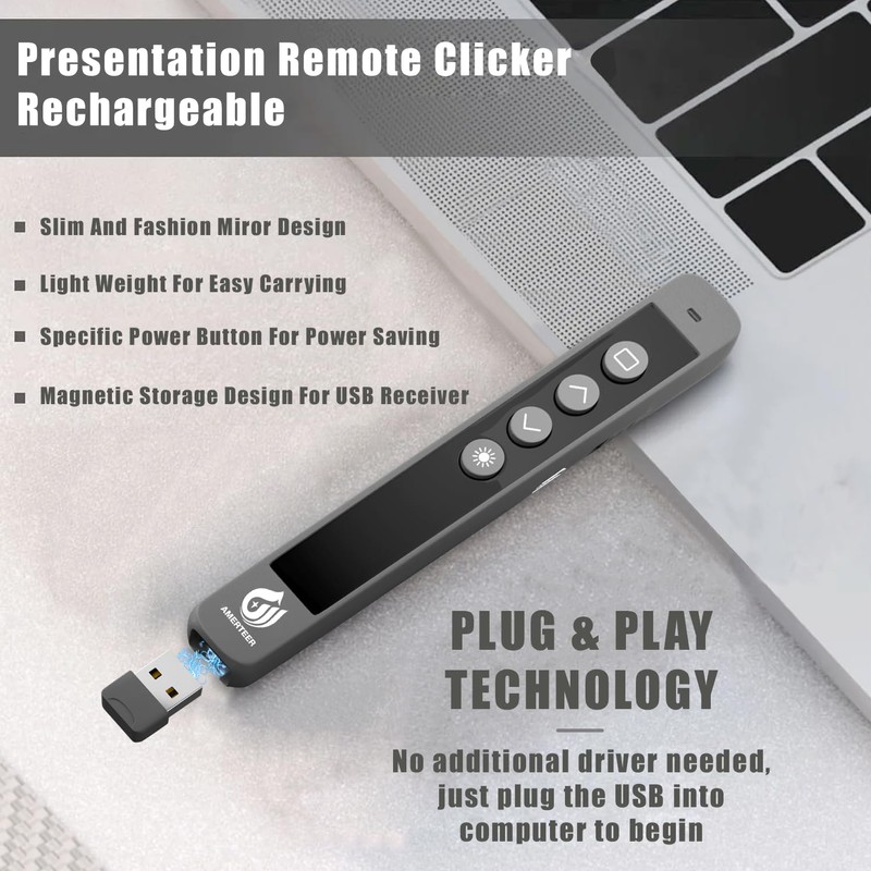 AMERTEER Wireless Presenter Remote – Presentation Clicker with 2.4GHz RF