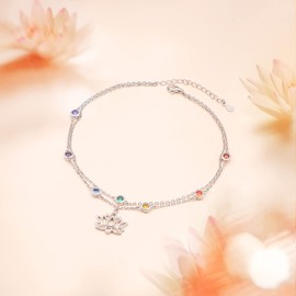 Yearace Lotus Chakra Anklet 925 Sterling Silver Multicolor Cubic Zirconia Ankle Bracelets for Women Adjustable Layered Foot Chain Jewelry Gift for Summer Day