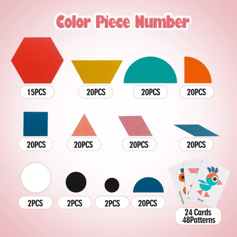 Juego 180 Bloques Madera Patrón Tangramas, Rompecabezas Geom