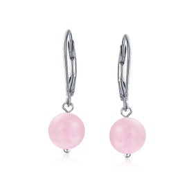 Simple Round Bead Light Pink Rose Quartz Lever back Ball Drop Earrings For Women .925 Sterling Silver February Birthstone