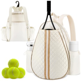 URSKYTOUS Tennis Bags for Women Quilted Large Tennis Sling Bag Crossbody Backpack Holds 2 Rackets Water Resistant Racket Bag Cover One Shoulder Pickleball Bags for Badminton Racquet Racketball (White)