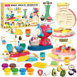 Kaelinda 4 in 1 Playdough Sets for Kids Ages 2-4 4-8 3-5, Playdough Toys with Playdough Ice Cream Set, 2 in1 Cake & Hamburger Maker, Noodle Maker & Play Dough Kitchen Kits for Boys Girls Gifts