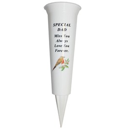 Memorial Grave Flower Pot - 33cm tall Sturdy White Memorial Graveside Flower Vase with Spike and Robin Image (Special Dad 8705)
