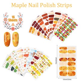 JERCLITY 16 Sheets Maple Leaf Fall Nail Polish Strips Autumn Nail Wraps with Nail File Self-Adhesive Thanksgiving Day Nail Stickers Full Nail Wraps for Women Nail Art