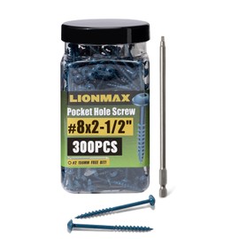 LIONMAX Pocket Hole Screws 2-1/2 Inch, 300 PCS Exterior Pocket Screw #8 x 2-1/2", Coarse Thread, Square Drive, Washer Head, Blue Coated Weather Resistant, 150MM Drive Bit Included