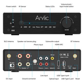 Arylic B50 2 Channel Bluetooth Amplifier with Audio Transmitter, 50W*2 Home Stereo Amplifiers with HDMI ARC,DAC,Phono in and Free APP. Support aptX HD Music Transmission & Reception.