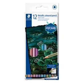STAEDTLER Metallic Colouring Pencils Design Journey for Metallic Shimmer Effects, Glitter and Highlights on Dark Paper, Soft Lead with High Coverage, 12 Colouring Pencils in Cardboard Case, 146M C12