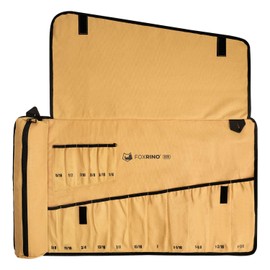 Foxrino Wrench Roll, Wrench Roll Up Pouch, 17-Pocket Heavy Duty Canvas Wrench Organizer Bag for Metric Combination Wrenches, Portable Tool Roll Bag, Gifts for Men for Christmas (Brown, 17+1 SAE)