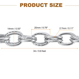 sourcing map 9.8Feet Aluminum Link Chain, Link Cable Chain Embossed Double Oval Plated Chain Bulk Craft Making Chain Roll for DIY, 20x14x2.7mm, Silver