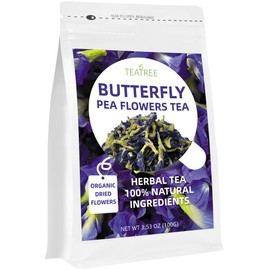 TEATREE Pure Dried Butterfly Pea Flowers 100 Percent Organic Nature Vegan Herbal Blue Tea Rich in Antioxidants Caffeine Free Gluten Free GMO Free 3.53 Ounce (100g)