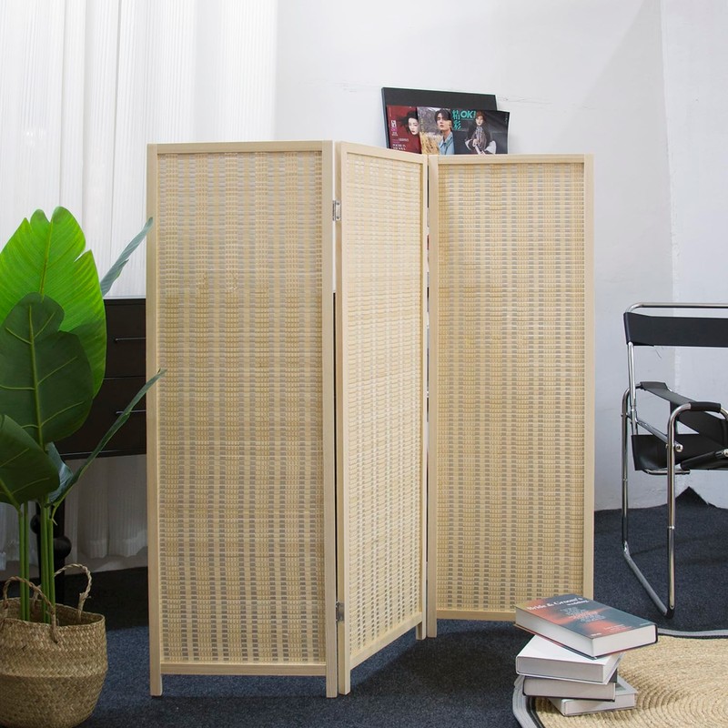 Furnnylane 3 Panel Short Room Divider Screen,Beige Freestanding Partition,Small Bamboo