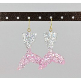Clear Pink mermaid earrings 2 1/8 long sea siren mermaid tail pendant Big R-1806