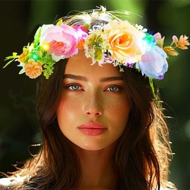 Atigy Leuchtendes Blumenkranz Stirnband LED Girlande Krone Festival Haarschmuck für Frauen (Farbenfroher, Einheitsgröße)