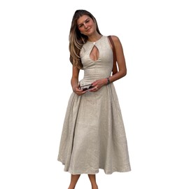 MEOKIM Women's Side Pleated Sleeveless Medium Length Linen Single Button Tight Corset Hollowed Out MIDI Dress (Khaki,Medium)