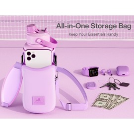 POWCAN Water Bottle Holder with Strap, Fits 32/40 oz Bottle, Adjustable Shoulder Strap with Phone Pocket, Neoprene Sleeve, Water Bottle Carrier Bag for Hiking, Travelling and Camping (Misty Lilac)