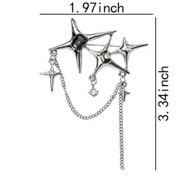 Rhinestone Star Pin Brooch Silver Lapel Pin for Women Men Safety Pins for Clothes Vintage Brooches with Tassel Long Chain Decorative Sweater Shawl Clips for Clothing Suit Collar Pin
