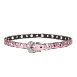 JK Home 103cm Sparkly Rhinestone Western Cowgirl Goth Rock PU Belt, Bling Diamond Cowboy Leather Punk Belt for Women Men, Shiny Sequin Waistband Strap for Jeans Pants Dresses 2.5cm Pink