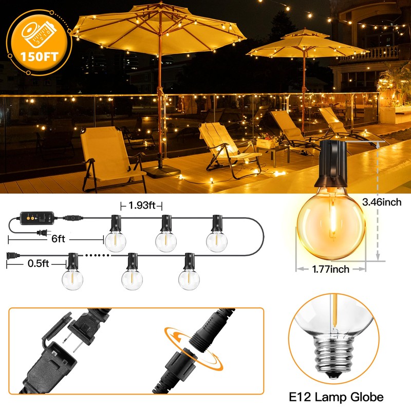 Ccinny Outdoor String Lights 150FT with Remote Dimmer, G40 Globe