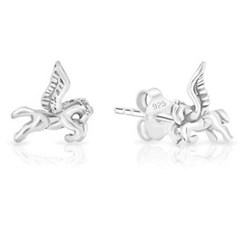 DTPsilver® SMALL 925 Sterling Silver Studs Earrings - Pegasus Stallion Horse - Dimension: 7 x 8 mm
