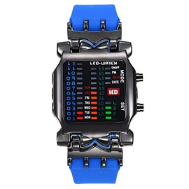 MINILUJIA Men Cool Digital Watch Binary Time LED Display Waterproof with Rubber Band Unique Creative Fashion Sport Wristwatches One PCS (Blue)