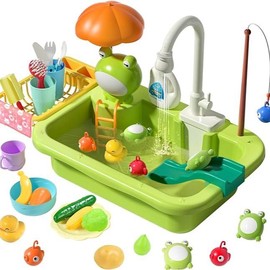 CUTE STONE Play Sink with Running Water, Kitchen Sink with Upgraded Electric Faucet, Play Kitchen , Realistic play set learning cookingset Plastic Toy:_Green