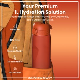 ION8 1 Litre Water Bottle, Leak Proof, Flip Lid, Carry Handle, Rapid Hydration, Dishwasher Safe, BPA Free, Contoured Grip, Ideal for Travel, Gym & Activity, Carbon Neutral Recyclon,32oz, Hearty Orange