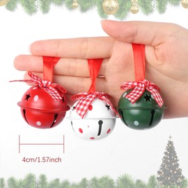 Christmas Jingle Bells 12 PCS Large Christmas Bells,Metal Bells Red White Green Bells,Christmas Tree Decorations Bells with Ribbons,Hanging Ornaments Bells for DIY Crafts Christmas Decor,Round Dot