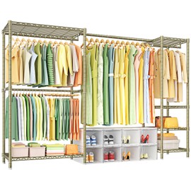 Ulif E10 Clothes Rack（With Stretchable Hanger Rod）Freestanding Clothing Racks for Hanging Clothes，Adjustable Closet Organizer System，Portable Garment Rack 73-97"W x 15" D x 72" H，Max Load 800LBS，Gold