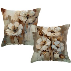 2Pack Flowers Decorative Pillow Covers Modern Beige Poppy Design Cushion Covers Oil Painting Pretty Floral Pillowcases 18 x 18 Inch Farmhouse Spring Summer Decorations (Beige/Brown)