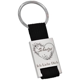 PAKADI Key Ring with Engraving "Schatzi Ich Liebe Dich" Flower Heart Colour Black