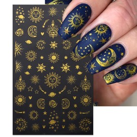 IDDFEVE 8 Sheets Gold Sun Nail Art Stickers - Sliver Moon Star Self-Adhesive 3D Nail Decals for DIY Golden Slivery Manicure