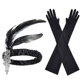 SJBAUTYO 2 Pieces 20s Flapper Headband Accessory Set Vintage Flapper Feather Headband Black Long Gloves Feather Headband Costume Prom Wedding Carnival Party 20s Hair Accessories
