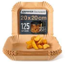 Moritz & Moritz Airfryer - Carta da forno quadrata, 20 x 20 cm, 125 pezzi, monouso, altezza bordo 4,5 cm, antiaderente e oleorepellente, fino a 220 °C, per friggitrice ad aria calda e forno da 5 a 8